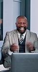 Group, applause and man with laptop, success and celebration for positive feedback and investment. Business, investor and people with achievement for company, clapping and good news in boardroom