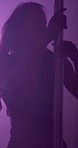 Night, neon and pole dancing with woman in club for stripper, exotic performance and light. Sexy, seductive and private dancer with female person in studio for burlesque, entertainment and stage
