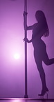 Silhouette, sexy and pole dancing with woman in club for stripper, exotic performance and spotlight. Neon, seductive and private dancer with person in studio for burlesque, entertainment and stage
