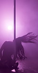 Silhouette, club and pole dancing with woman at night for stripper, exotic performance and spotlight. Neon, seductive and private dancer with person in studio for burlesque, entertainment and stage