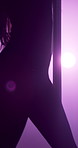 Woman, light and dancer on pole for performance, VIP party and exotic entertainment in strip club. Silhouette, performer and girl in sensual movement dancing in night show for desire, fantasy and art