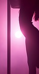 Body, silhouette and pole dancing with woman at night for stripper, exotic performance and club. Neon, seductive and private dancer with person in studio for burlesque, entertainment and stage