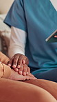 Hands, tablet and nurse with senior person for comfort, empathy and support for medical results. Home, retirement and caregiver with mature patient on digital tech for website, research and diagnosis