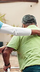 Nurse, elderly man and walker outdoor for walking exercise, helping and mobility support. Back, caregiver and senior person with disability for rehabilitation, movement recovery and balance at house