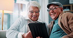 Laughing, retirement and tablet with senior couple on sofa in living room of home together. Funny, happy or meme with old man and woman bonding in apartment for relax, romance or social media