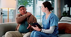 Senior, man or nurse with tablet in consultation for healthcare assessment, medical checkup or shoulder pain. Elderly patient, caregiver or digital report for symptoms of osteoporosis in nursing home