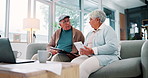 Calculator, documents and laptop with senior couple on sofa in living room of home together. Clipboard, computer or finance with old man and woman in apartment for budget, insurance or investment