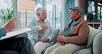 Arguing, senior couple and writing with financial advisor on sofa in living room of home. Budget, clipboard or conflict with broker, old man and woman in apartment for insurance or investment