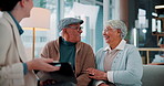 Clipboard, laughing and senior couple with financial advisor on sofa in living room of home. Budget, consulting or success with broker, old man and woman in apartment for insurance or investment