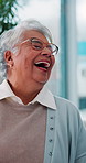 Smile, elderly woman and laugh for consultation with discussion, healthcare comfort and good news. Happy, senior person and talking for medical feedback, wellness advice and nursing support at house