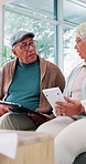 Senior couple, finances and planning at home with calculator and clipboard for elderly expenses and bills. Old man, woman or people talking about financial strain, investment or savings in house