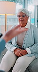 Senior woman, therapy or listening with counselor for mental health or consultation at session. Elderly, female person or patient with therapist help for alzheimers, dementia or memory loss at clinic