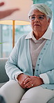 Elderly woman, therapy or listening with counselor for mental health or consultation at session. Senior, female person or patient with therapist help for alzheimers, dementia or memory loss at clinic