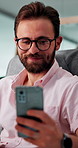 Phone, glasses and reading with business man in office for  IT sales consultant, SaaS advisor and client update. Communication, cloud solutions and chat with person in tech startup for feedback