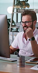 Happy, businessman and winning with computer at office for good news, promotion or bonus. Man, employee or administrator with smile or fist pump for business success, online incentive or achievement