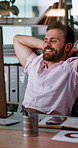 Happy, businessman and stretching at office for break, completion or finished tasks on desk. Calm man, employee or rest with smile in comfort for productive day, done or stress relief at workplace