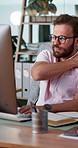 Businessman, computer and neck injury with stress for muscle tension, inflammation or discomfort. Man, employee or shoulder pain with ache on technology for bad posture or pressure at office desk