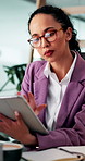 Business woman, tablet and typing for research in legal office for email, correspondence or feedback. Technology, check schedule and female lawyer on app with internet at workplace for case file