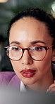 Business, woman and glasses for reading in office for research, check proposal or project management. Email, review and analysis with pc for administration, female person and corporate solution 
