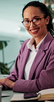 Computer, face and smile with business woman in office for editor in chief, publisher and proofreading article. Journalist report, creative copywriting and planning with person in media agency
