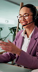 Happy woman, agent or talking with headset for online communication or advice at call center. Female person, consultant or virtual assistant with mic or technology for customer service at workplace