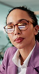Business, glasses and woman in office, reflection or travel agent with research for tourism. Person, employee or consultant in workplace, eyewear or online reading for company website or clear vision