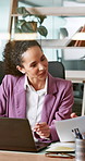 Business people, laptop and teamwork with document, schedule and update in office. Accountant, agenda and collaboration with financial reminder, information report and brainstorming ideas for audit