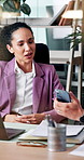 Business people, laptop and teamwork with phone, schedule and update in office. Accountant, agenda and collaboration with financial reminder, information report and brainstorming ideas for audit