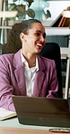 Meeting, laptop and business woman in office for finance review, budget report and planning. Corporate, professional and worker laughing on computer for online investment, proposal and research