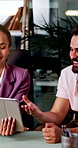 Meeting, tablet and business people in office for finance review, budget report and planning. Corporate, professional and woman and man on digital tech for online investment, proposal and research