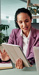Meeting, tablet and business people in office for financial review, budget report and planning. Corporate, professional and woman talking on digital tech for online investment, proposal and research