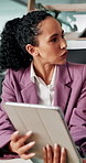 Talking, tablet and business woman in office for finance review, budget report and planning. Corporate, professional and people in meeting on digital tech for online investment, proposal and research