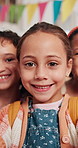 Children, face and happy with selfie in classroom for education memory, social media post and bonding. POV, friends and girl students with photography at school for learning support and scholarship