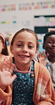 Face, happy kids and students waving at school for greeting, education or learning gesture for welcome together. Smile, friends and group of children wave for hello, goodbye or farewell in elementary