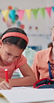 Writing, teacher and child with exam, classroom and knowledge for project, growth and development. Elementary, studying and kid with notebook for test, learning or girl with information for education