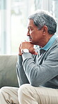 Senior, man and sad with thinking on sofa for grief, loss and lonely in retirement home. Unhappy, reflection and elderly person with depression for memory, remember and nostalgia with regret or alone