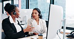 Call center manager, help and teamwork with computer for sales advice, lead generation and CRM systems training. Telemarketing, woman and coach trainee with product knowledge or customer enquiry info