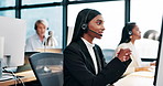 Woman, call center and talking with headset in office for legal advice, help desk or guide for questions. Person, customer support and consultant for law with voip, microphone or contact in workplace