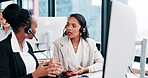 Call center manager, computer and teamwork with advice for sales training, lead generation or outbound support. Telemarketing, woman or helping trainee with product knowledge or customer enquiry info