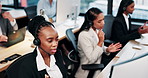 Woman, call center and agent with headset in office for legal advice, help desk and explain. Person, customer support and consultant at workplace with voip, microphone and discussion at law firm