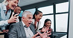 Business, computer and excited team with celebration for IPO launch, trading profit or financial bonus. Stock market, employees or happy people with good news, investment growth, cheering for support