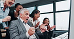 Business, surprise and team with celebration by computer for trading profit, financial bonus and achievement. Stock market, applause and excited people with good news, investment growth and cheering
