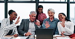 Business people, group and waving on video call with laptop for finance meeting, discussion and smile. Team, computer and greeting in virtual chat, online conference or investment paperwork in office