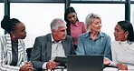 Business, people and talking with laptop in office for discussion, planning and financial report. Staff, explain and online with finance team, company performance and feedback for investment proposal