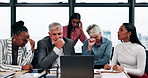 Laptop, upset and business people with bad news in office with stock market crash for investment loss. Computer, mistake and financial managers with finance error, crisis or feedback on profit.