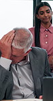 Upset, laptop and business people in office with bad news for negative finance report feedback. Mistake, error and investor with financial advisor for stock market crash with investment fail.