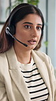 Call centre, telemarketing and woman with headset, worried and talking to contact for service and online. Communication, representative and person with tech for sales, customer care and checking info