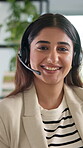 Woman, face and headset for customer service in call center with inbound query, online advice and helping client. Friendly consultant, employee and microphone for account management and assistance