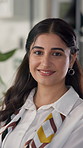 Face, smile and business woman in office as journalist and creative reporter in Dubai. Portrait, happy and professional writer at work for publication, news editor and confident employee at startup