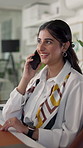 Phone call, discussion and woman with smile, office and communication without contact, talking and service. Event planner, employee and person with mobile for chat, conversation and plan for business